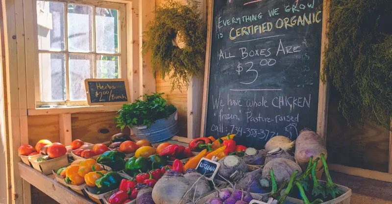 Organic produce for sale with a chalkboard sign showing prices