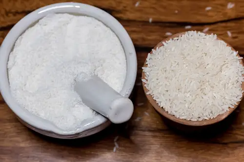 White rice flour made with mortar and pestle