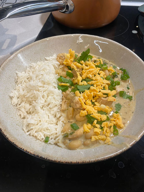 White chicken chili with rice made from Instant Pot