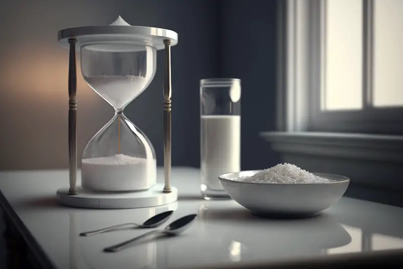 A plate of rice on the table, next to an hourglass